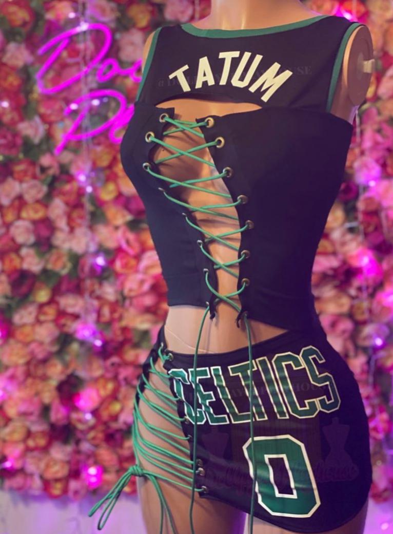 Celtics 2-Piece Skirt Set Black & Green w/ Tie-Up Strings - Courtside CoutureCeltics 2-Piece Skirt Set Black & Green w/ Tie-Up Strings