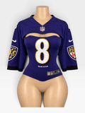 Custom NFL Corset Jersey Top | Baltimore Ravens #8 Jackson Reworked Football Shirt | Lace-Up Back - Courtside CoutureCustom NFL Corset Jersey Top | Baltimore Ravens #8 Jackson Reworked Football Shirt | Lace-Up Back