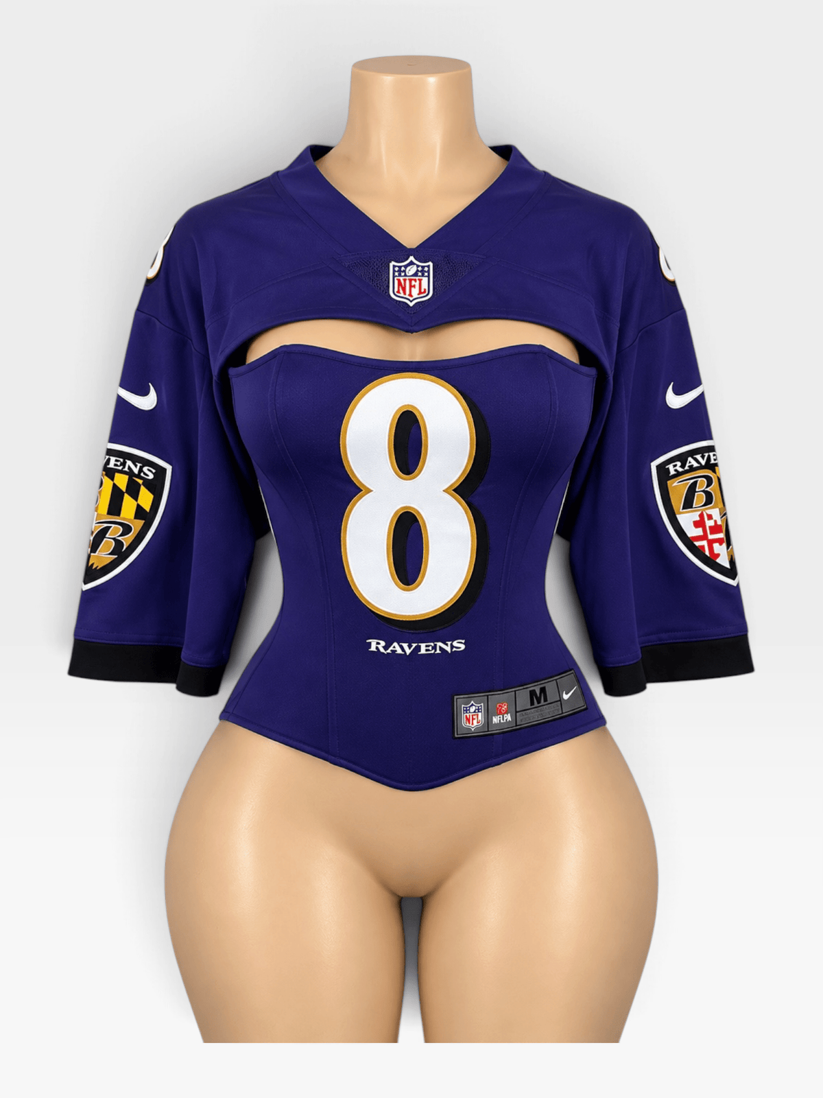 Custom NFL Corset Jersey Top | Baltimore Ravens #8 Jackson Reworked Football Shirt | Lace-Up Back - Courtside CoutureCustom NFL Corset Jersey Top | Baltimore Ravens #8 Jackson Reworked Football Shirt | Lace-Up Back