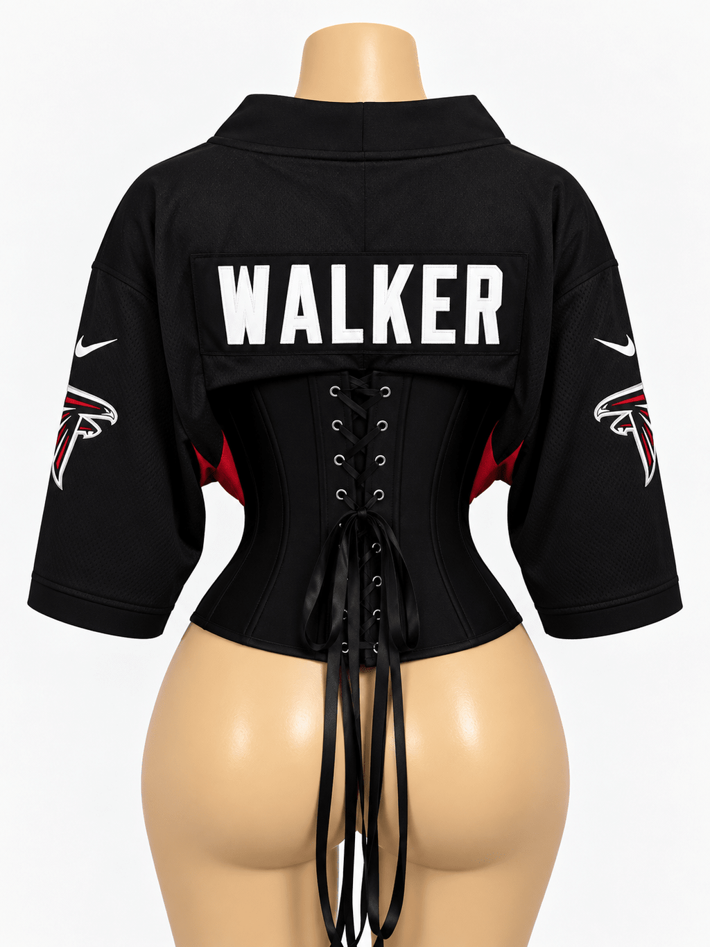 Custom NFL Corset Jersey Top | Falcons Reworked Football Shirt | Lace-Up Back - Courtside CoutureCustom NFL Corset Jersey Top | Falcons Reworked Football Shirt | Lace-Up Back