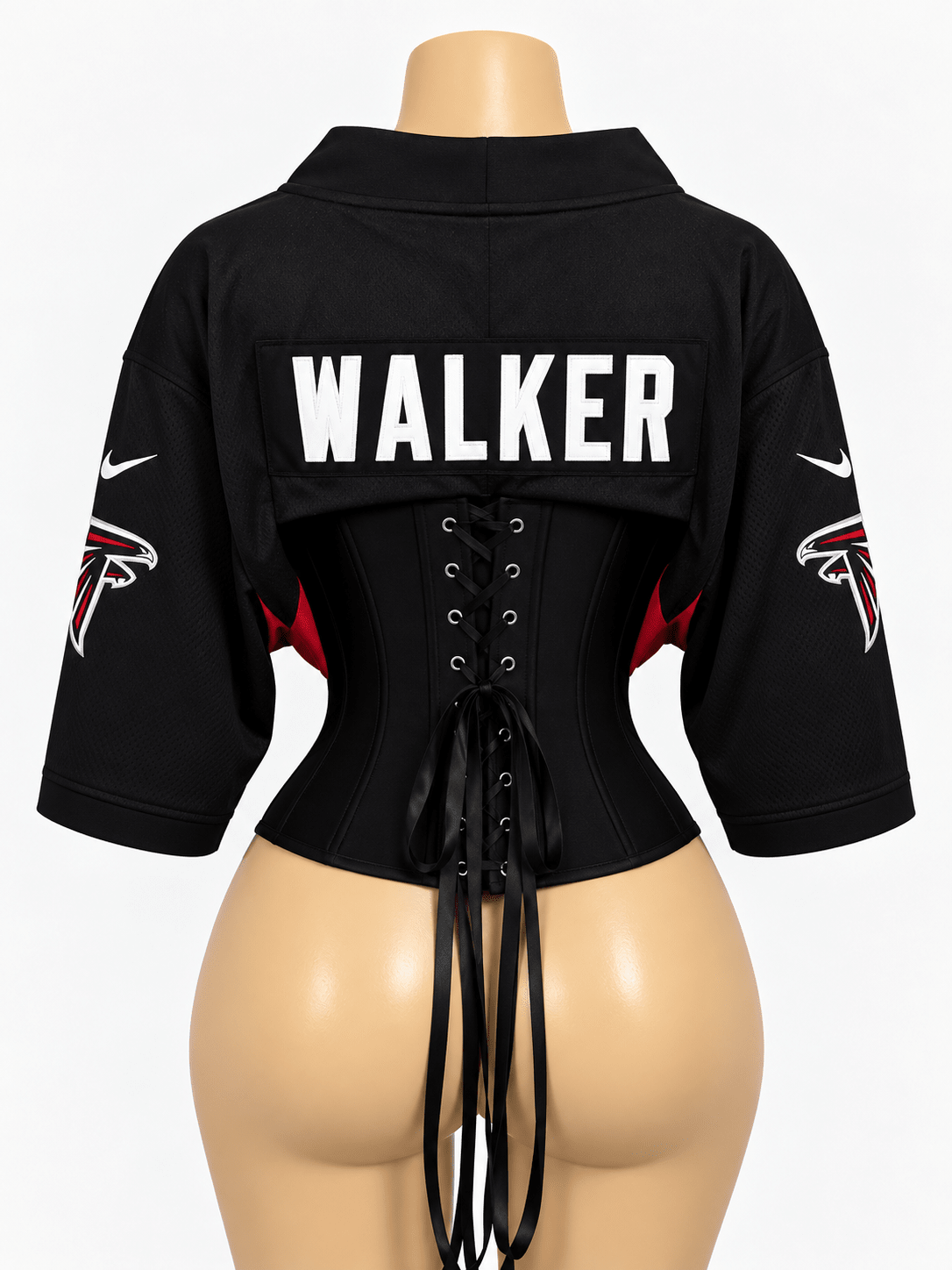 Custom NFL Corset Jersey Top | Falcons Reworked Football Shirt | Lace-Up Back - Courtside CoutureCustom NFL Corset Jersey Top | Falcons Reworked Football Shirt | Lace-Up Back