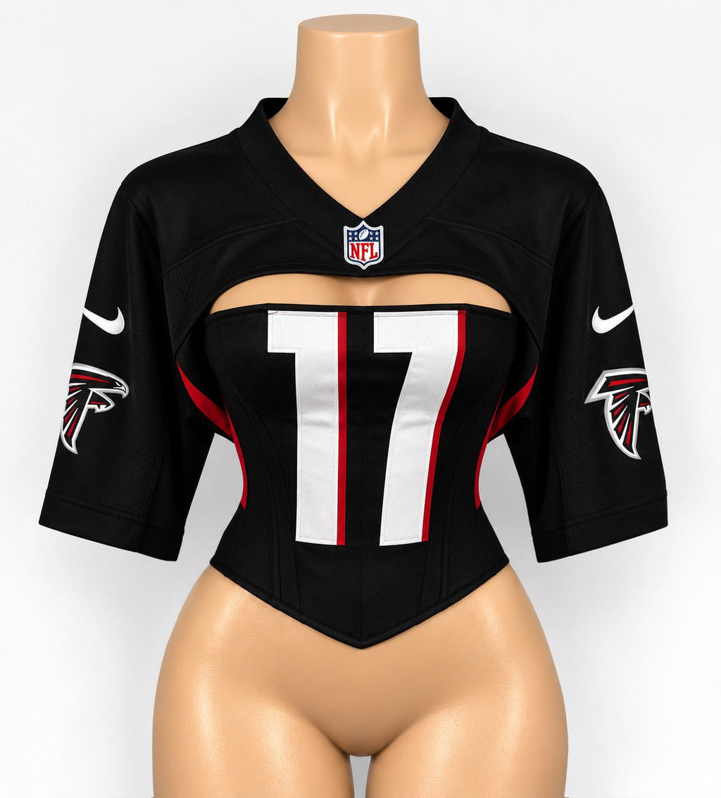 Custom NFL Corset Jersey Top | Falcons Reworked Football Shirt | Lace-Up Back - Courtside CoutureCustom NFL Corset Jersey Top | Falcons Reworked Football Shirt | Lace-Up Back