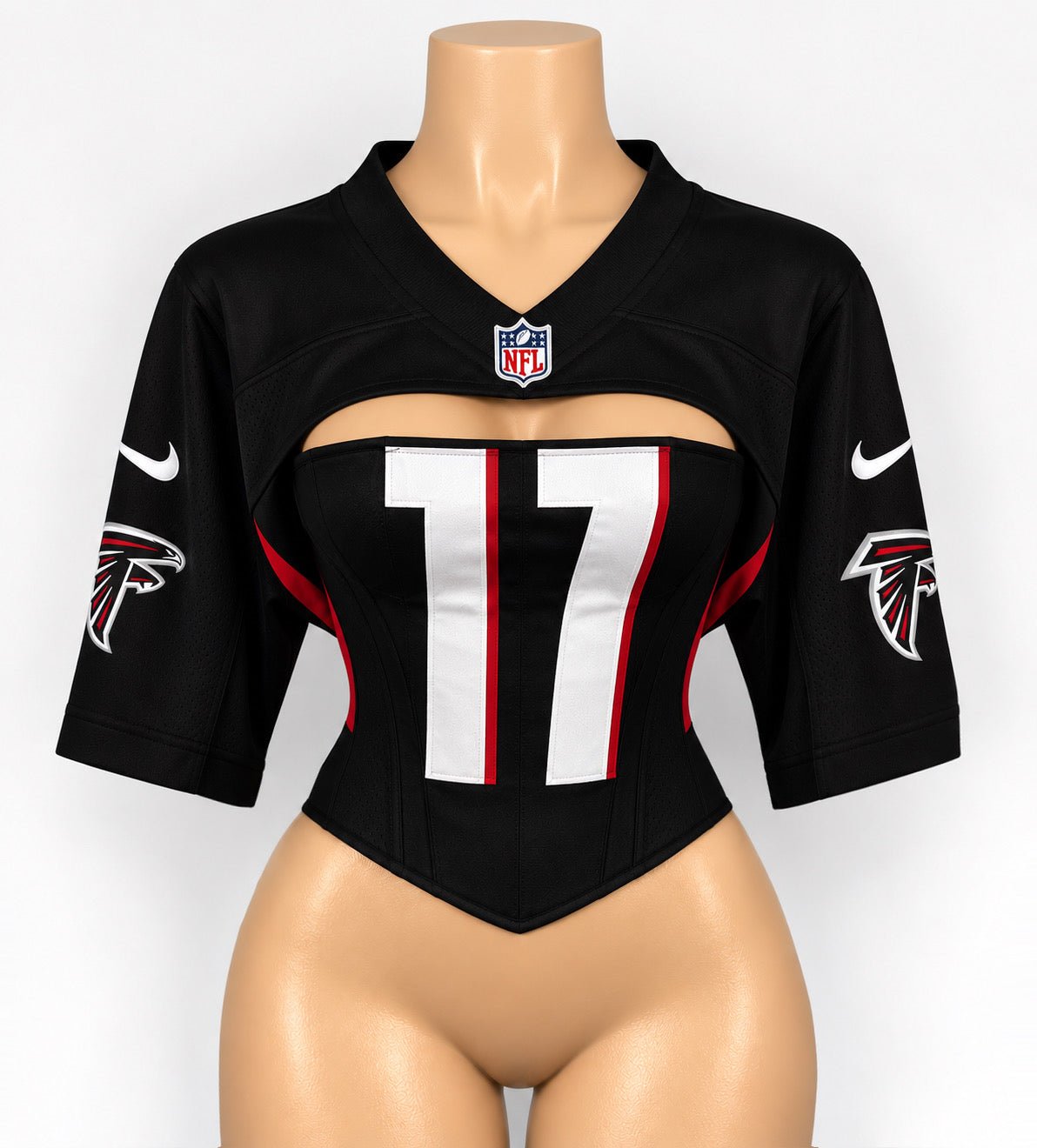 Custom NFL Corset Jersey Top | Falcons Reworked Football Shirt | Lace-Up Back - Courtside CoutureCustom NFL Corset Jersey Top | Falcons Reworked Football Shirt | Lace-Up Back