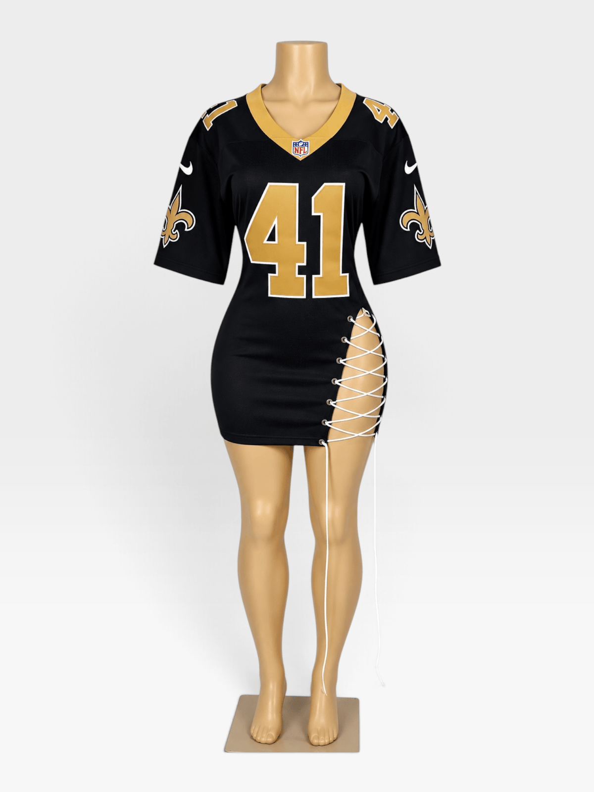 Custom Saints Jersey Dress | Lace Up Side Game Day Mini Dress - Courtside CoutureCustom Saints Jersey Dress | Lace Up Side Game Day Mini Dress
