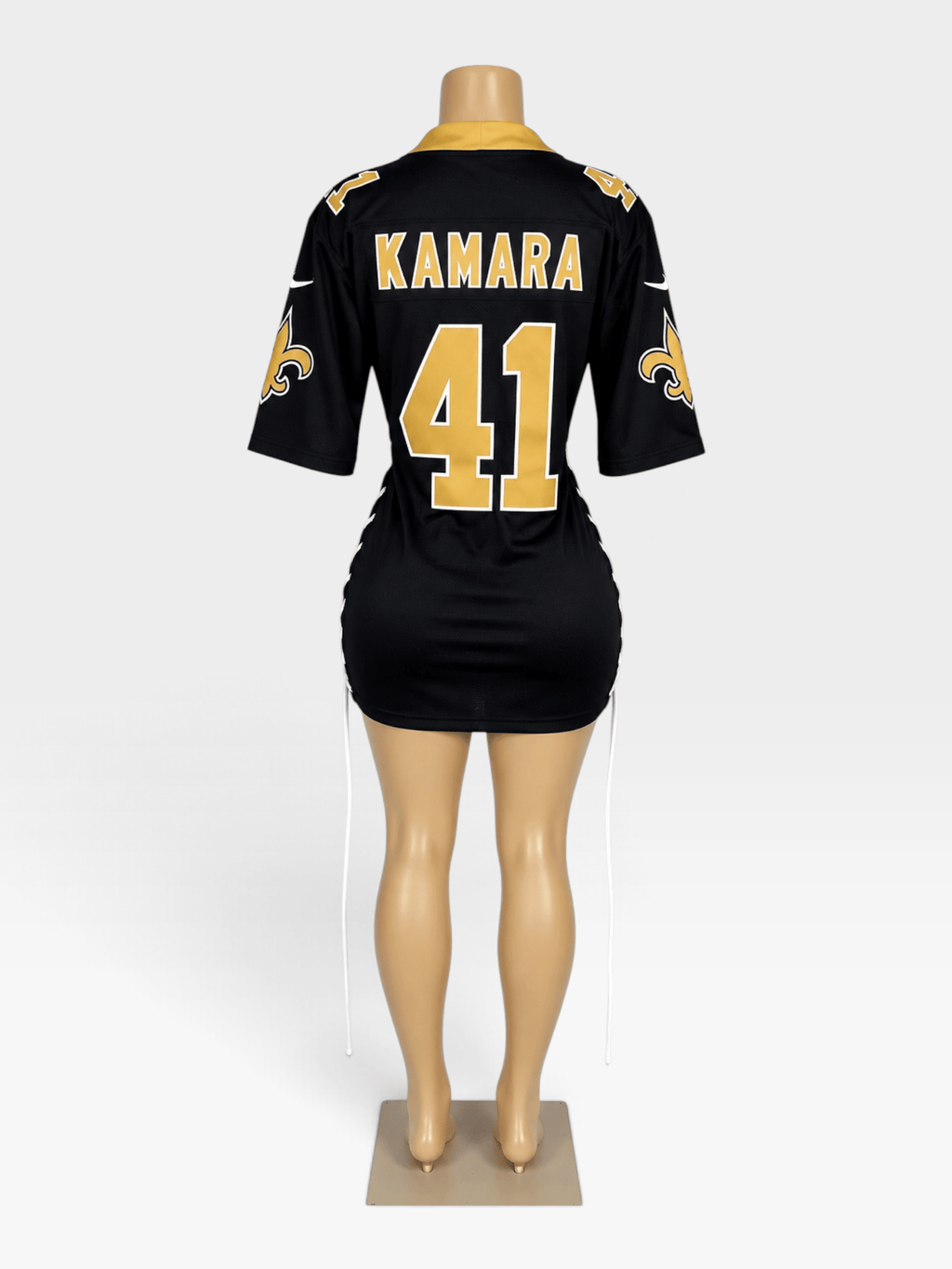 Custom Saints Jersey Dress | Lace Up Side Game Day Mini Dress - Courtside CoutureCustom Saints Jersey Dress | Lace Up Side Game Day Mini Dress