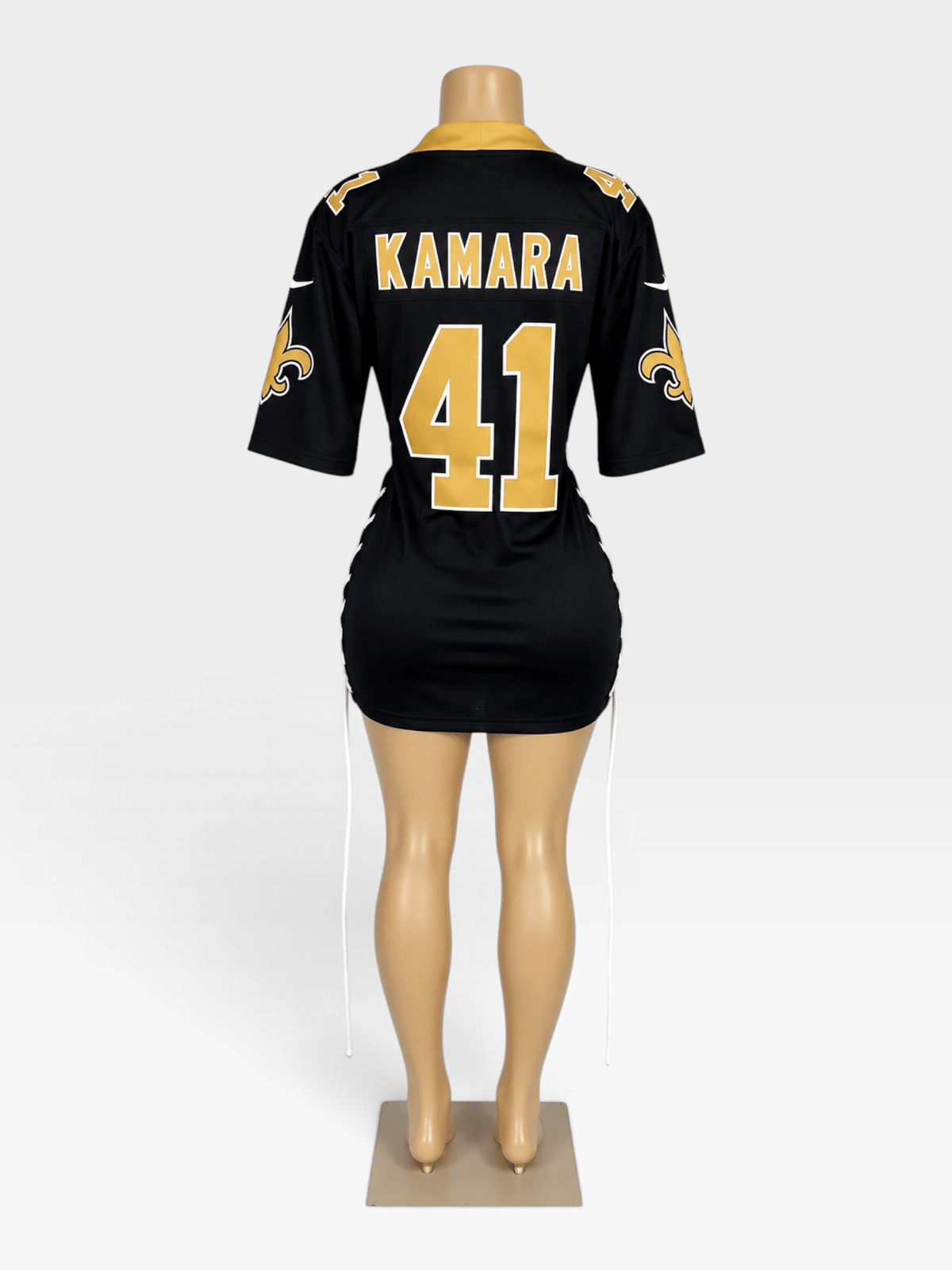Custom Saints Jersey Dress | Lace Up Side Game Day Mini Dress - Courtside CoutureCustom Saints Jersey Dress | Lace Up Side Game Day Mini Dress