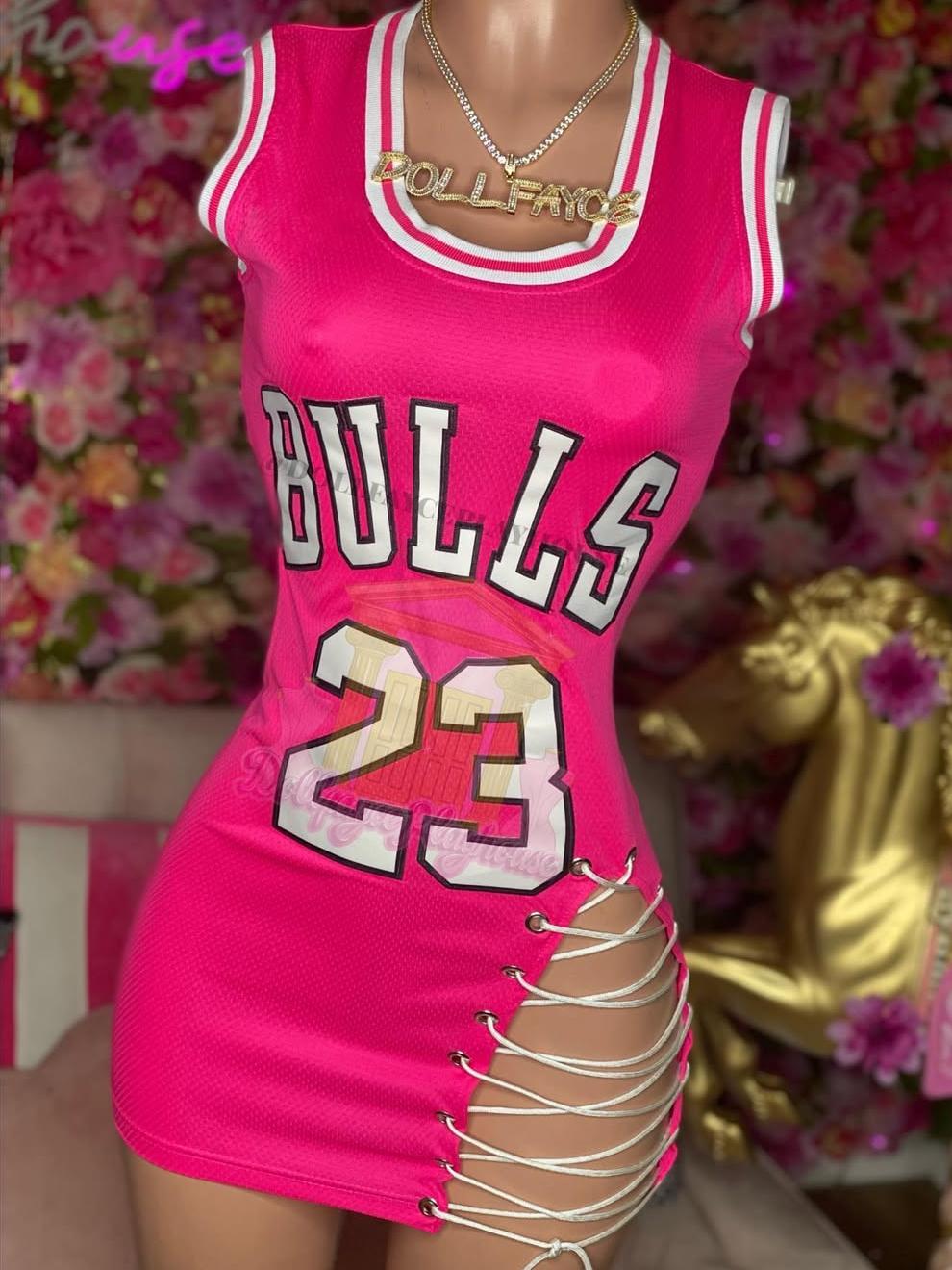 Hot Pink Bulls #23 Jersey Dress w/ Side Split Tie-Up - Courtside CoutureHot Pink Bulls #23 Jersey Dress w/ Side Split Tie-Up