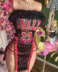 Red and Black Striped Bulls #23 Jersey Dress Double Side Tie-Ups & Black Fur Trim - Courtside CoutureRed and Black Striped Bulls #23 Jersey Dress Double Side Tie-Ups & Black Fur Trim