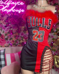 Red & Black Jersey Dress with Fur Trim - Courtside CoutureRed & Black Jersey Dress with Fur Trim