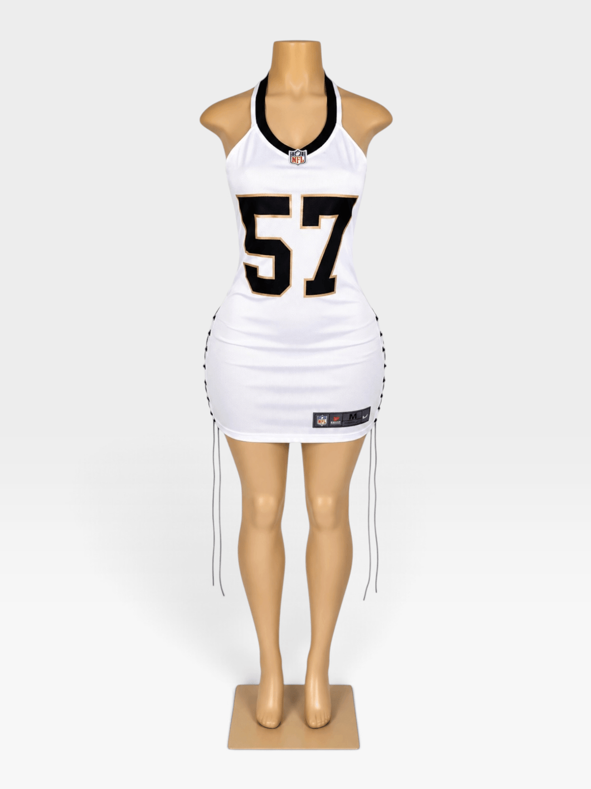 Saints #57 Halter Lace-Up Jersey Mini Dress | Custom Game Day Dress - Courtside CoutureSaints #57 Halter Lace-Up Jersey Mini Dress | Custom Game Day Dress