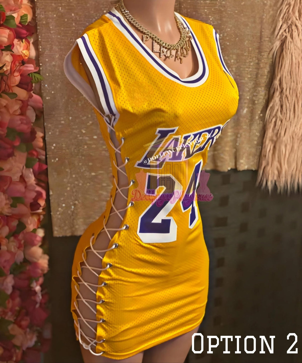 Yellow Lakers #24 Jersey Dress w/ Full Side Tie-Ups & embroidered logo - Courtside CoutureYellow Lakers #24 Jersey Dress w/ Full Side Tie-Ups & embroidered logo